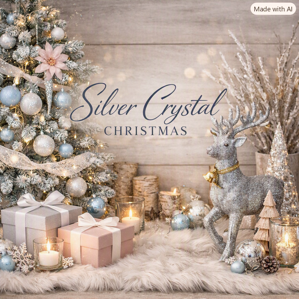 Silver Crystal Christmas décor with glittery reindeer, candles, ornaments, and gift boxes
