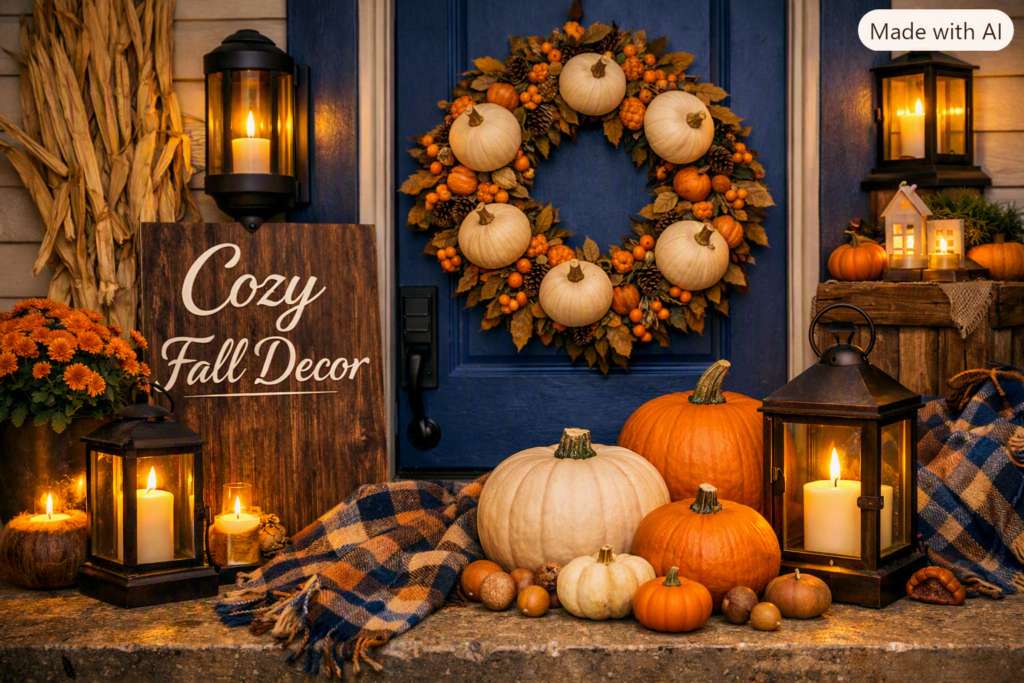 A cozy fall porch decorated with pumpkins, layered mats, lanterns, fall garland, and warm autumn accents around a blue front door.