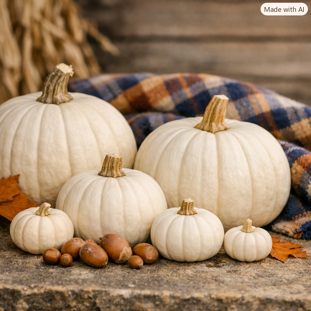 Neutral white pumpkins arranged on a rustic surface with soft lighting, surrounded by subtle fall leaves and natural textures for an elegant seasonal display.