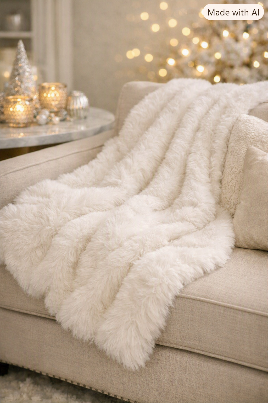 Cozy living room with a fluffy white blanket, warm lights, and elegant holiday décor.