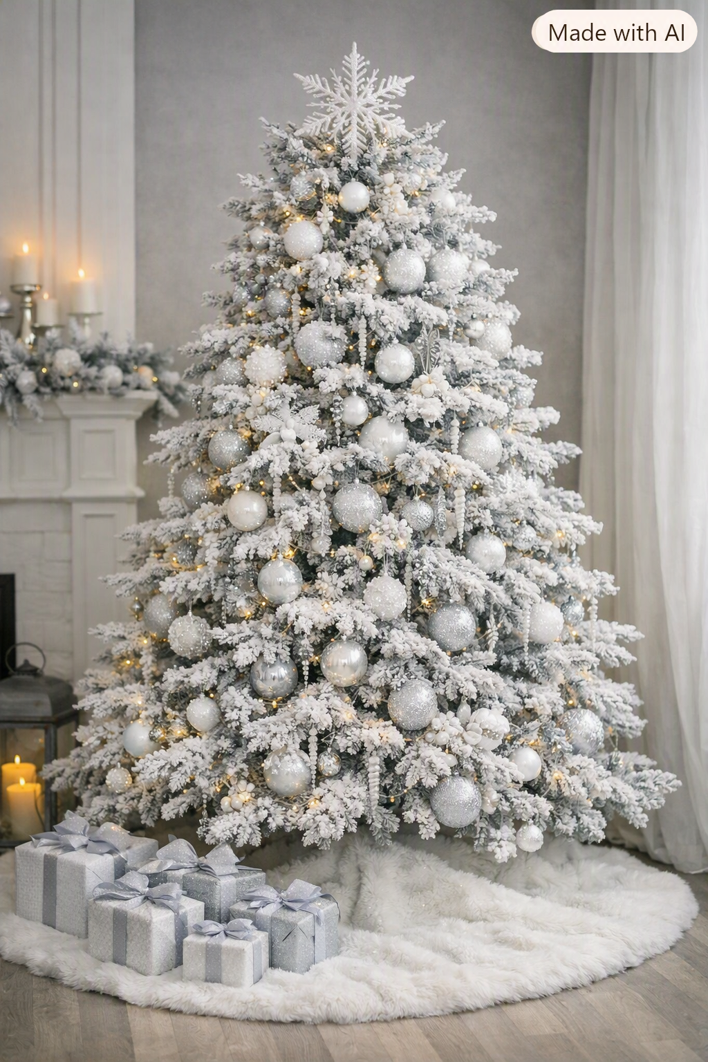 silver crystal christmas décor featuring frosted greenery, silver ornaments, crystal accents, and soft white lighting in a neutral winter setting