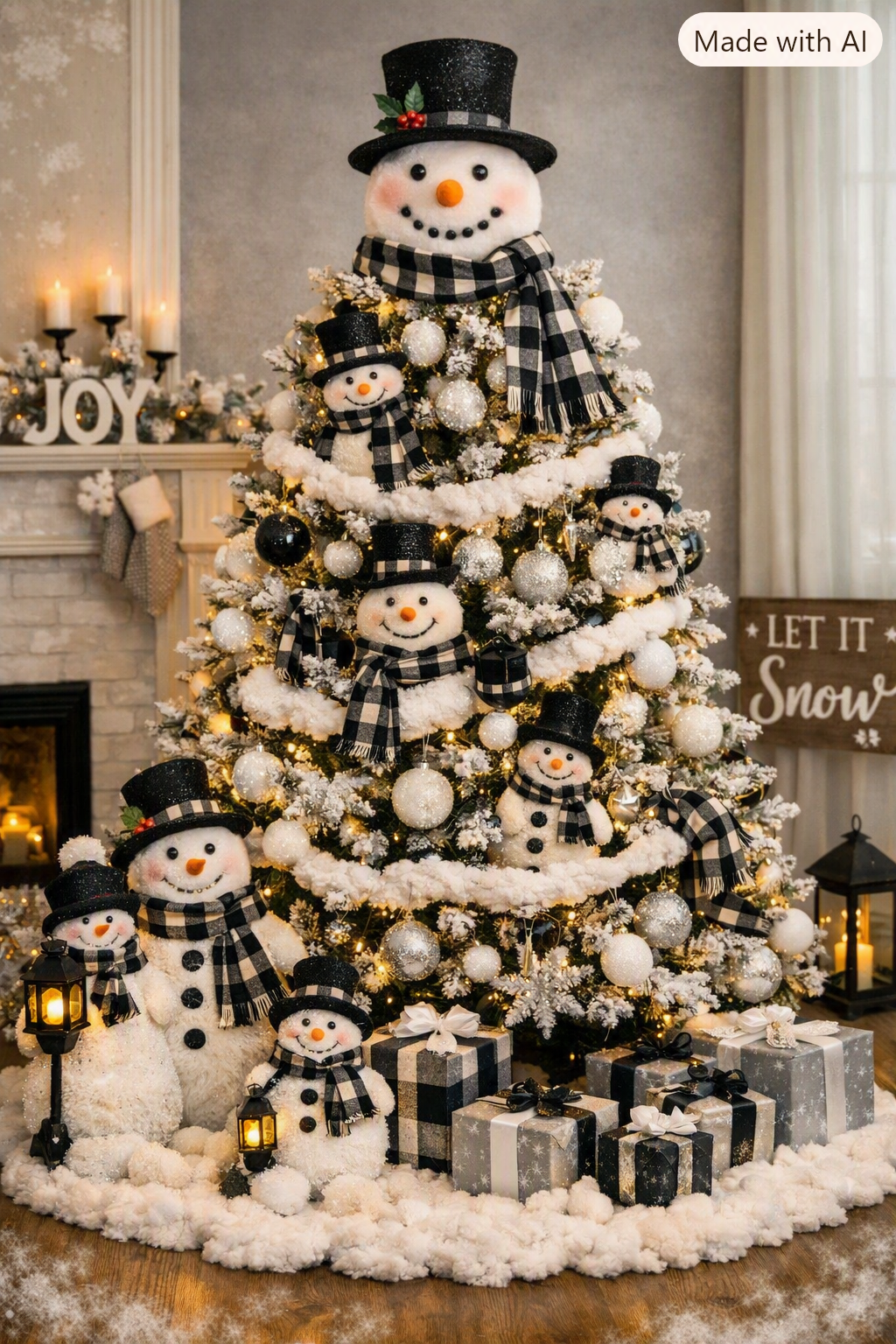 snowman christmas tree decorated with snowman heads, black top hats, plaid scarves, silver ornaments, warm white lights, snow garlands, red berries, and snowman figures holding lanterns in a cozy winter living room