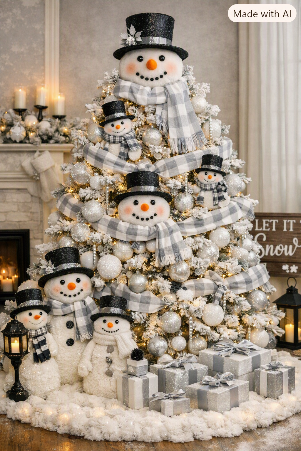 snowman christmas tree with snowman heads, black glitter top hats, plaid scarves, silver ornaments, warm white lights, and snowman figures surrounded by silver and white presents in a cozy living room