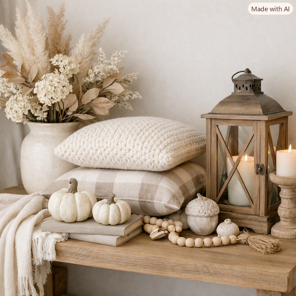 Neutral fall pillows in shades of beige, cream, and taupe arranged on a cozy sofa with soft lighting, accented by a knit throw and subtle autumn décor.