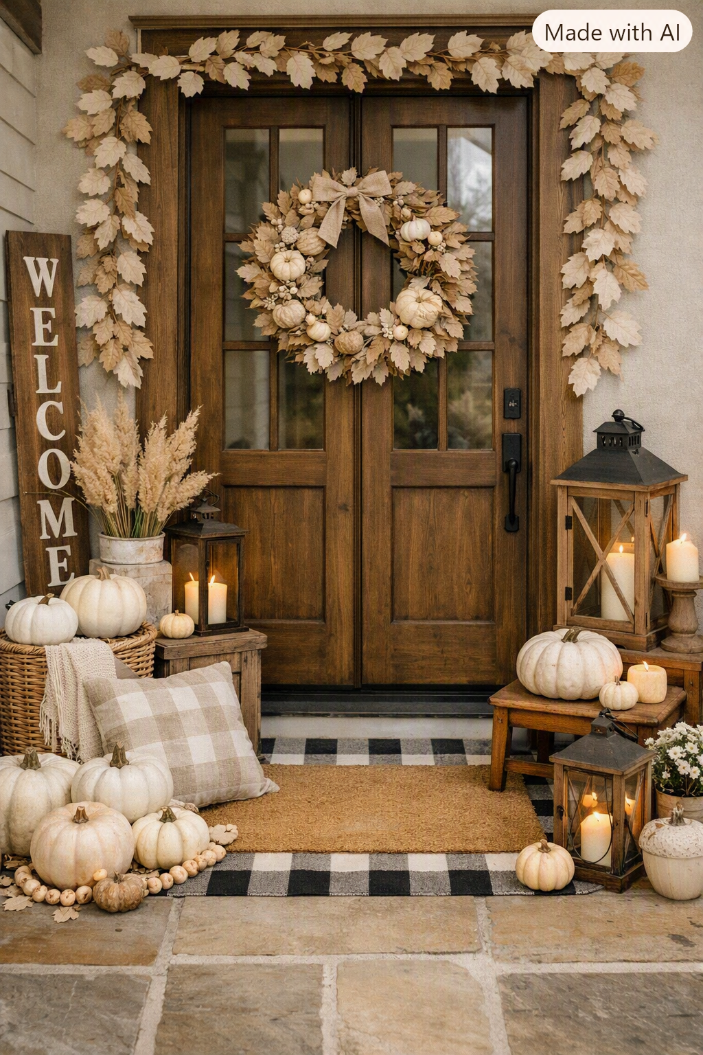 Neutral fall garland made of beige and cream leaves, small white pumpkins, pinecones, and soft greenery arranged along a rustic wooden mantel with warm lighting.