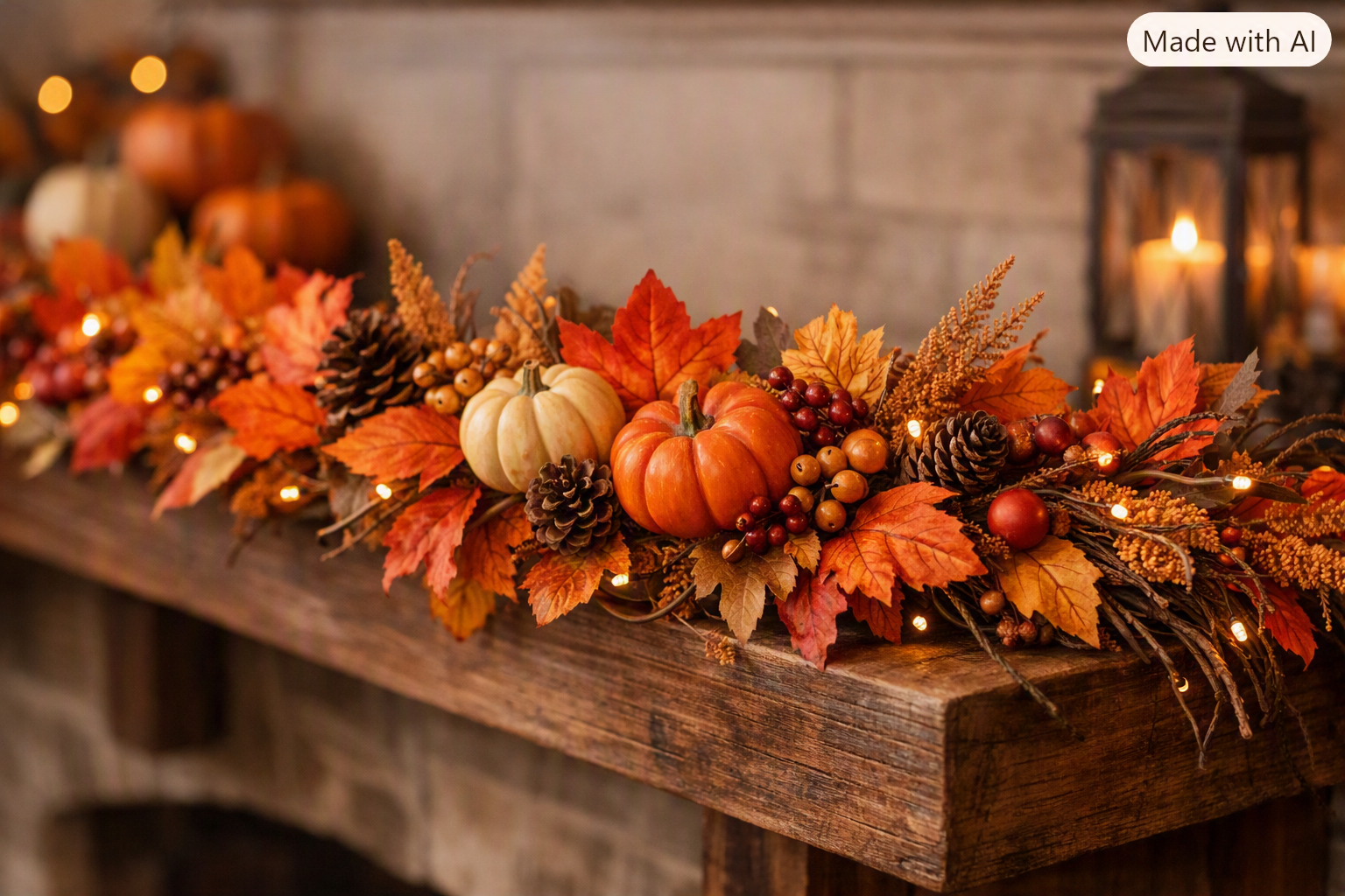 A cozy autumn garland featuring pumpkins, pinecones, and warm fall leaves — perfect for mantel or table décor.