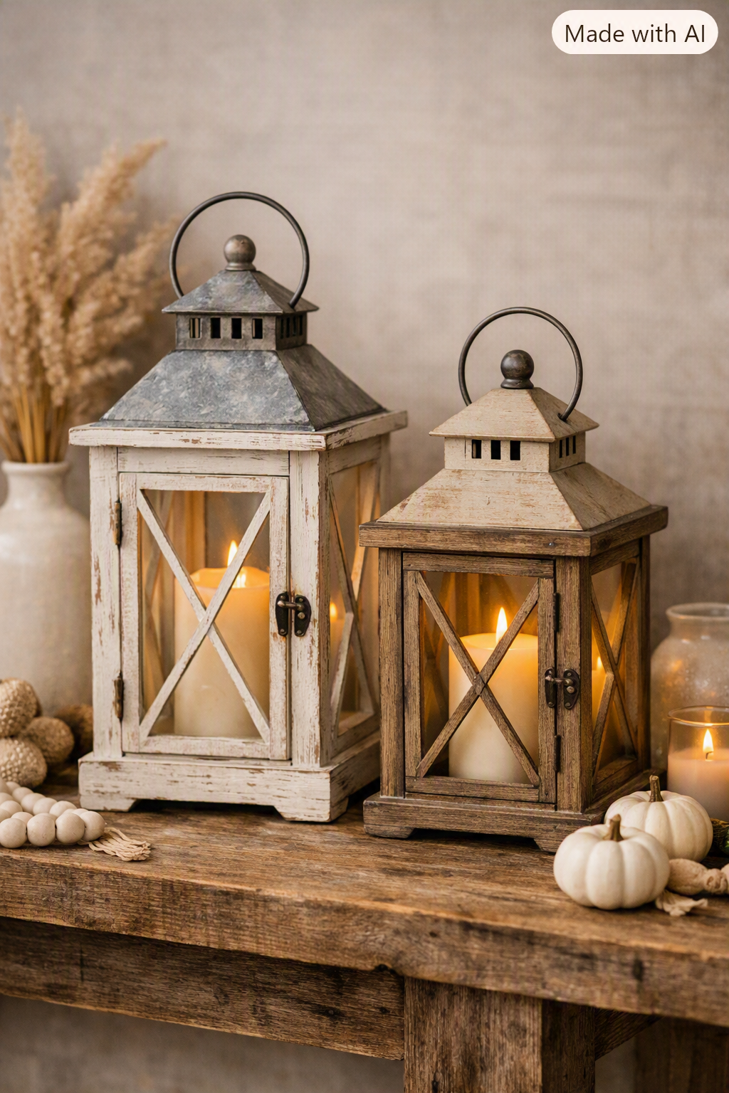 Two neutral rustic lanterns with weathered wood frames and metal tops, each holding a glowing cream pillar candle, styled with white pumpkins, pampas grass, and a beaded garland on a wooden surface.