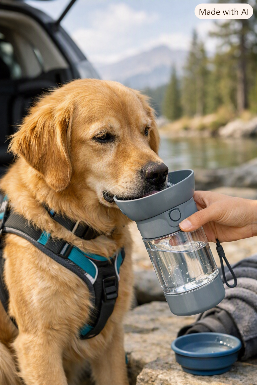 Golden retriever drinking from a leak‑proof travel dog water bottle with built‑in cup outdoors near a lake
