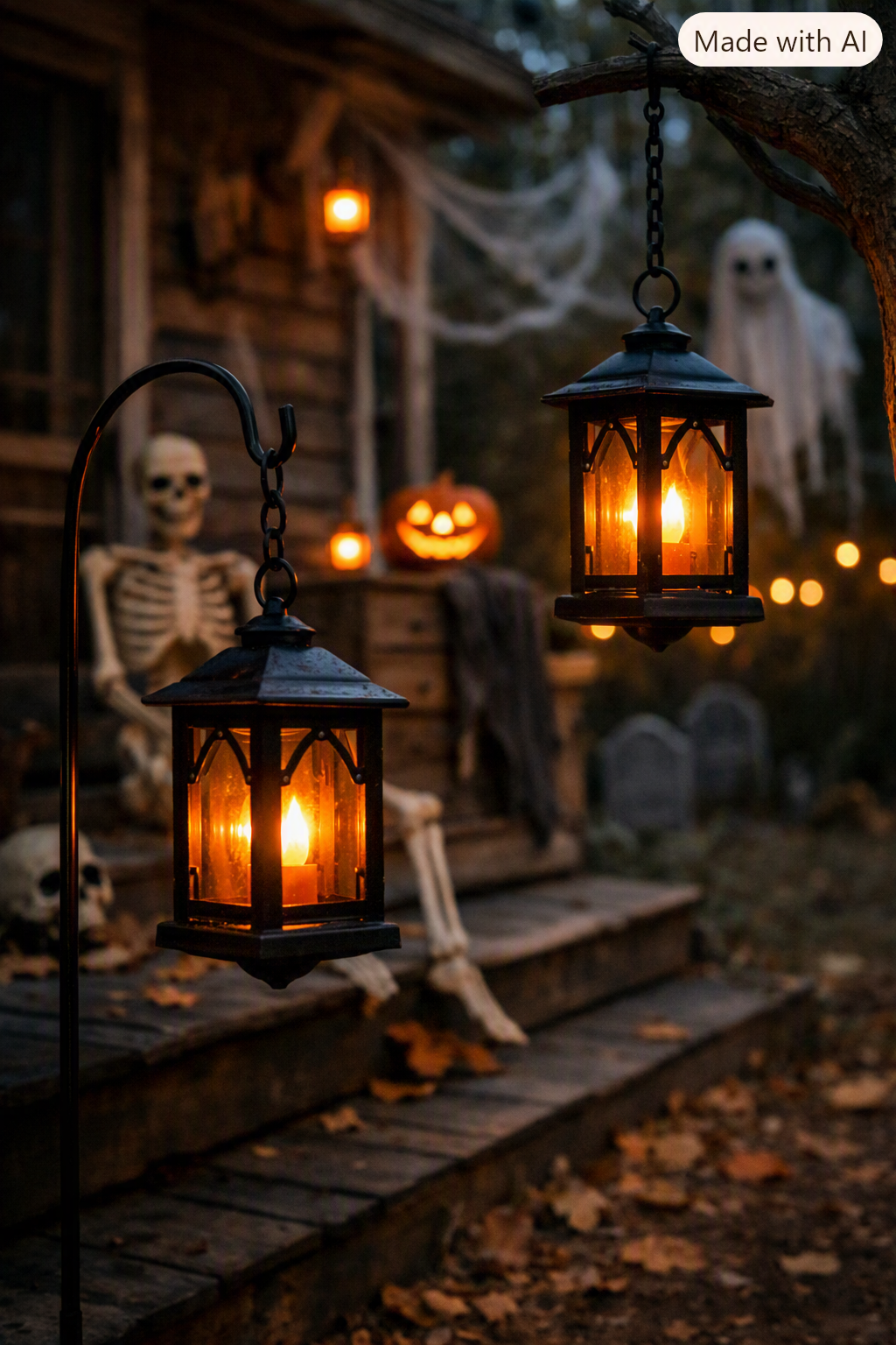 hanging halloween lanterns glowing on a rustic porch with skeleton and pumpkins