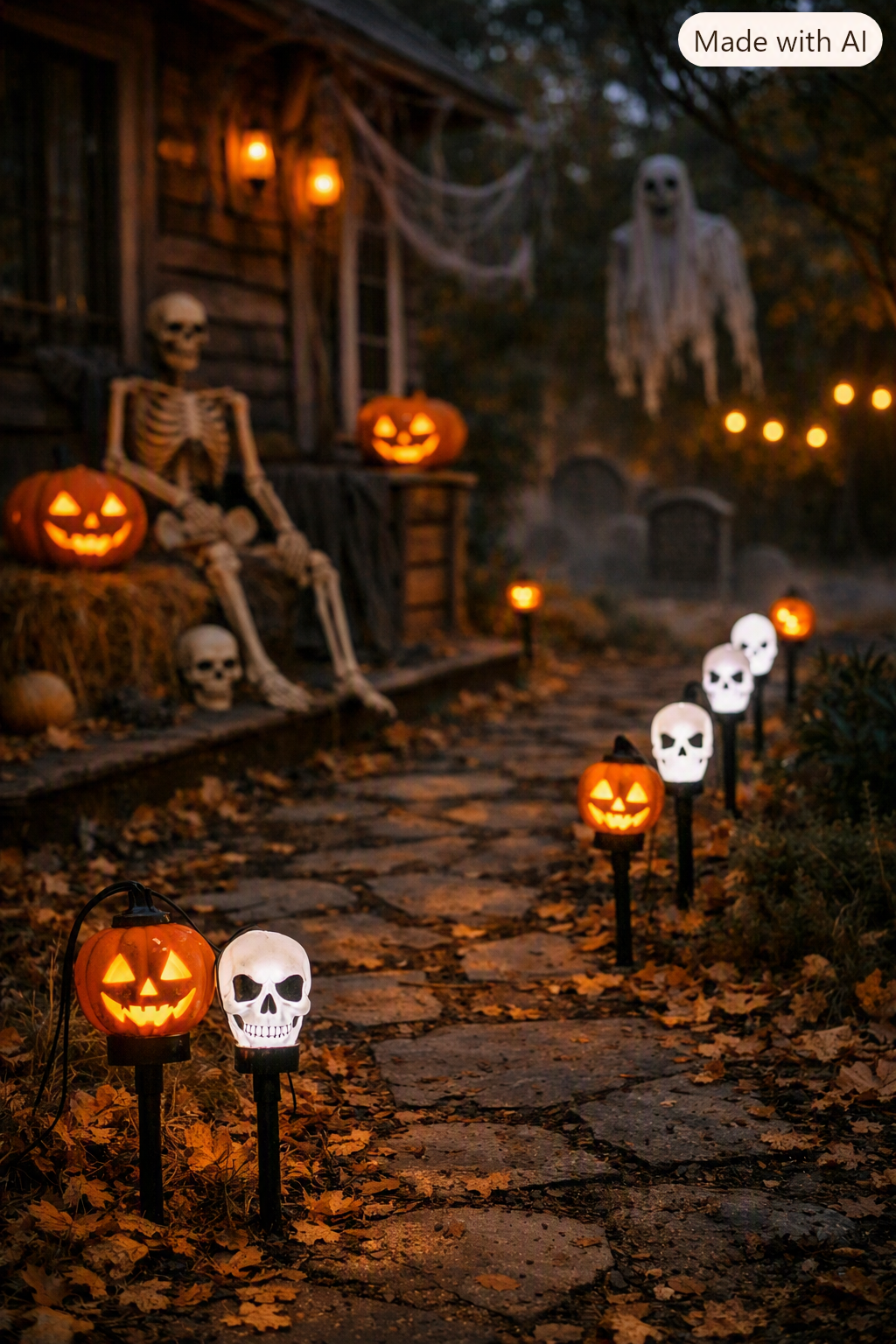 spooky halloween pathway lights glowing along a stone walkway with pumpkins and skeletons