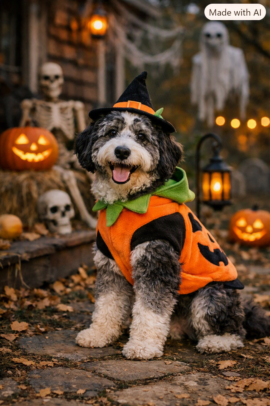aussiedoodle wearing a pumpkin witch halloween costume sitting outdoors with pumpkins, skeletons, and lanterns