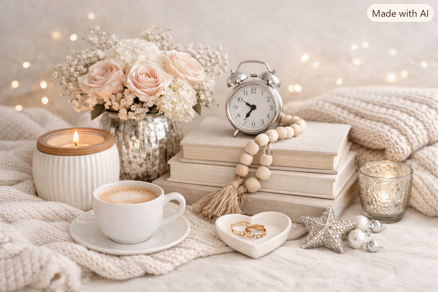 Cozy neutral chic flat‑lay with candles, blush flowers, books, and silver accents on a cream knit blanket.